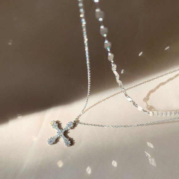 #NEW 925 Sterling Silver Diamond Cross Double Layer Necklace - Picture 6 of 9